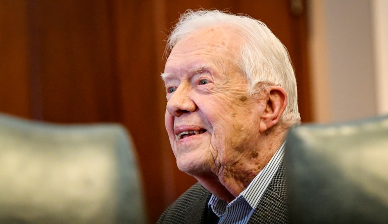 Former President Jimmy Carter, 93, sits for an interview about his new book "Faith: A Journey For All" which will debut at no. 7 on the NYT best sellers list, pictured before a book signing Wednesday, April 11, 2018, in Atlanta.