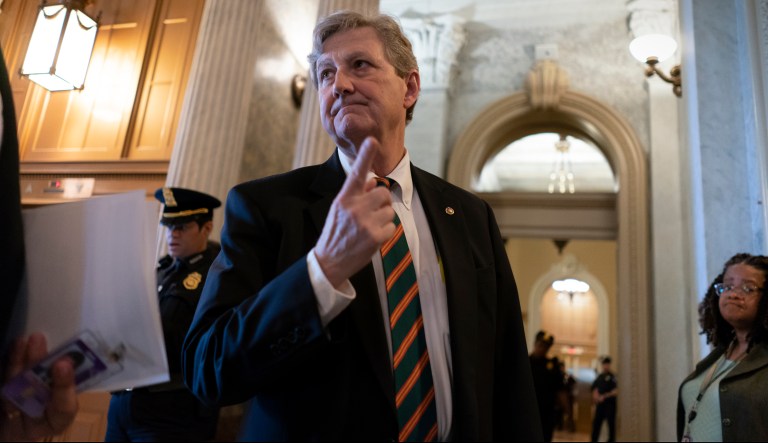 Sen. John Kennedy, R-La., arrives for a weekly policy meeting with fellow Republicans on Capitol Hill in Washington, Tuesday, April 17, 2018.