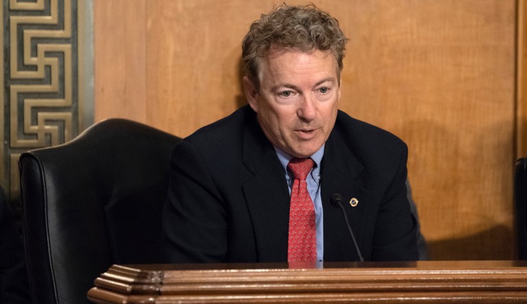 Sen. Rand Paul, R-Ky., the sole Republican who had earlier opposed President Donald Trump's nominee for secretary of state, Mike Pompeo, tells the Senate Foreign Relations Committee he is changing his vote to yes, on Capitol Hill in Washington, Monday, April 23, 2018.