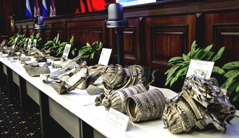 Fragments of U.S. Tomahawk cruise missiles captured by Syrian forces in an attack are displayed at a briefing in the Russian Defense Ministry in Moscow. 