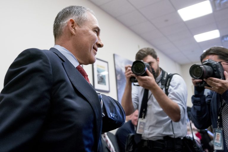 Environmental Protection Agency Administrator Scott Pruitt arrives to testify on the EPA FY2019 budget at a House Appropriations Subcommittee on Interior, Environment and Related Agencies on Capitol Hill in Washington, Thursday, April 26, 2018.