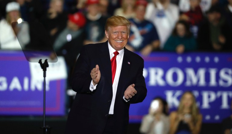 U.S. President Donald Trump arrives at a campaign rally in Washington Township, Mich., Saturday, April 28, 2018.
