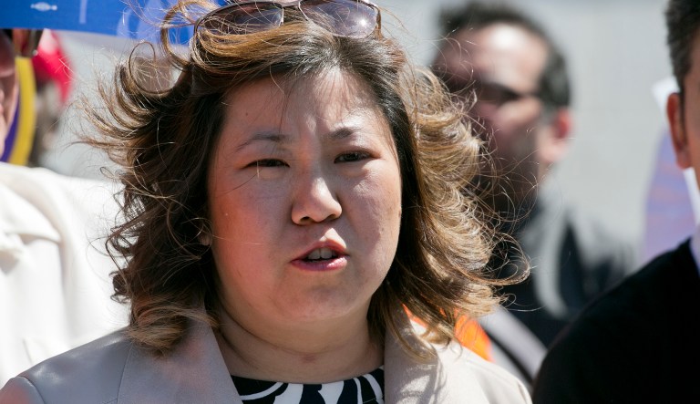 Congresswoman Grace Meng, D-N.Y., speaks at a May Day pro-labor and immigration rights rally, Tuesday, May 1, 2018, in New York. Workers and activists marked May Day with rallies around the world. 