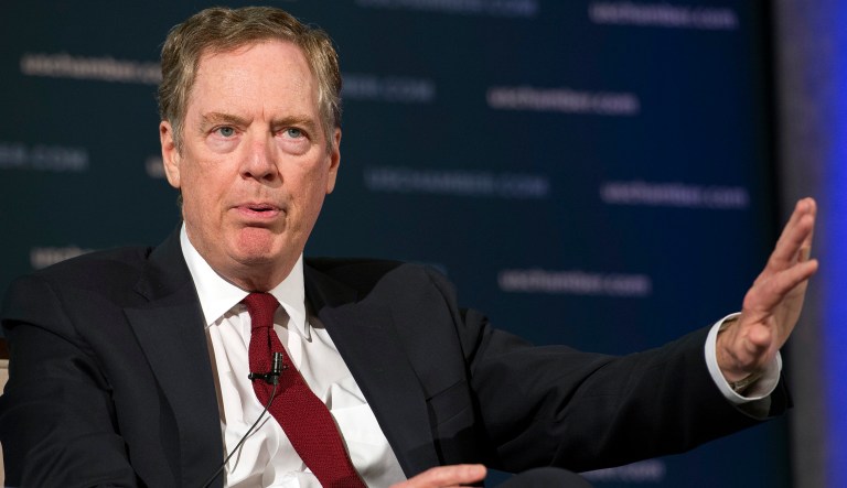 U.S. Trade Representative Robert Lighthizer speaks at the 9th China Business Conference at the U.S. Chamber of Commerce in Washington, Tuesday, May 1, 2018. The U.S. Chamber of Commerce and AmCham China are hosting the event. The U.S. has threatened to impose tariffs on $150 billion of Chinese goods in retaliation for what it argues are Beijing's unfair trade practices and its requirement that U.S. companies turn over technology in exchange for access to its market. China has said it would subject $50 billion of U.S. goods to tariffs if the U.S. taxes its products. A delegation led by Treasury Secretary Steven Mnuchin,  Lighthizer and trade adviser Peter Navarro will visit Beijing for negotiations later this week.