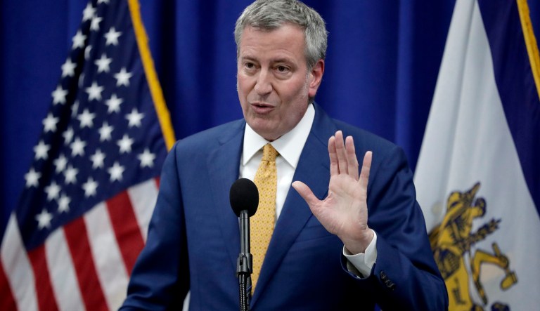 New York City Mayor Bill De Blasio speaks during a news conference on May 1, 2018, in Newark, N.J.