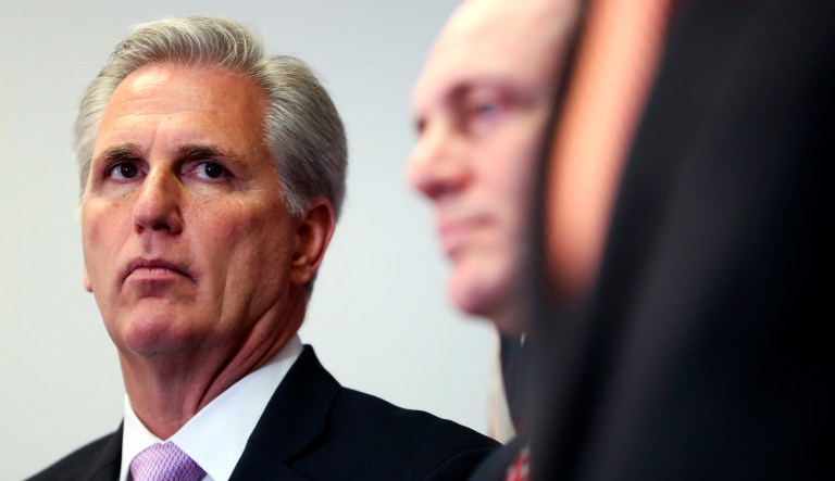 House Majority Leader Kevin McCarthy, R-Calif., listens to House Speaker Paul Rya, R-Wis., speak to the media on Capitol Hill in Washington, Tuesday, May 8, 2018.