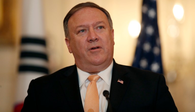 Secretary of State Mike Pompeo speaks during a media availability with South Korean Foreign Minister Kang Kyung-wha at the State Department, Friday, May 11, 2018 in Washington. 