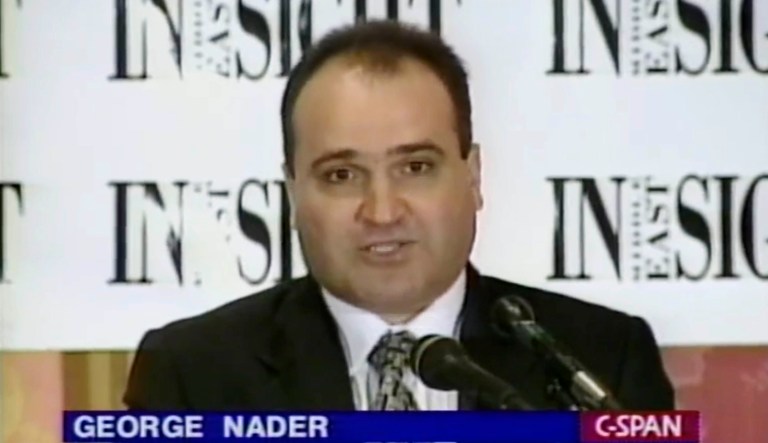 This 1998 frame from video provided by C-SPAN shows George Nader, president and editor of Middle East Insight. Nader later cooperated with special counsel Robert Mueller's investigation into foreign meddling in American politics. 