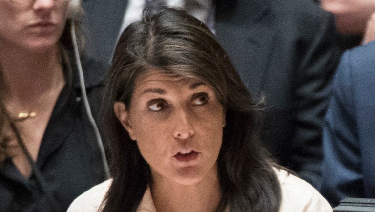 U.S. Ambassador to the United Nations Nikki Haley speaks during a Security Council meeting on the situation in Gaza, May 15, 2018, at U.N. headquarters.