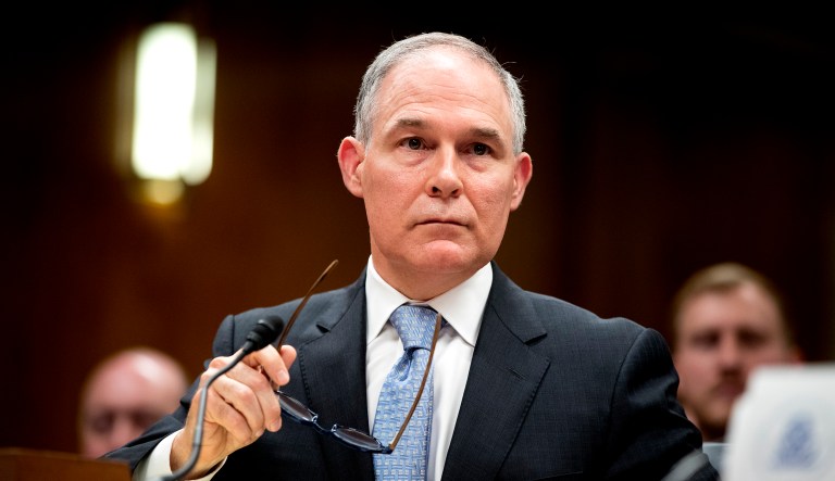 Environmental Protection Agency Administrator Scott Pruitt listens to a question as he testifies before a Senate Appropriations subcommittee. 