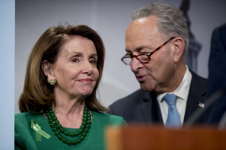 Senate Minority Leader Sen. Chuck Schumer of N.Y., right, and House Minority Leader Nancy Pelosi of Calif. are both hoping for an election night strike of lightening to put them in charge of Congress.