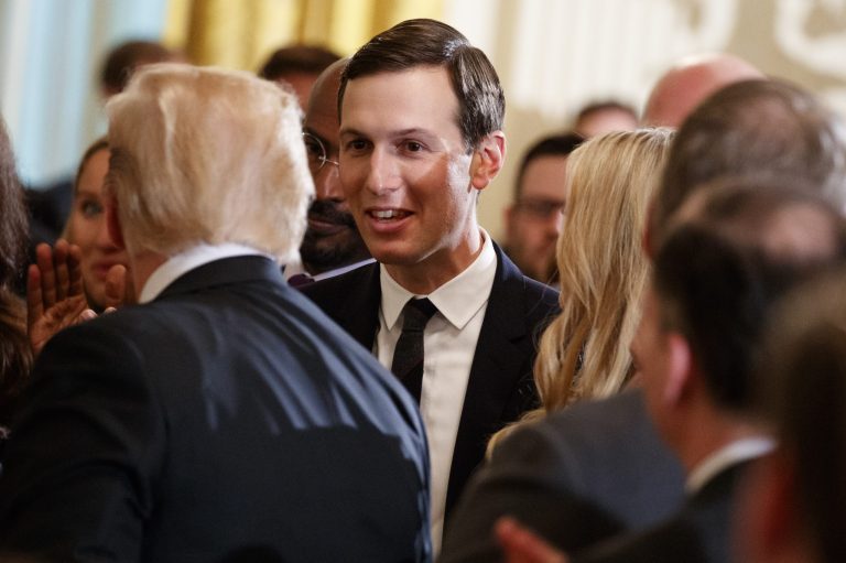 White House senior adviser Jared Kushner shakes hands with President Donald Trump during an event on prison reform in the East Room of the White House, Friday, May 18, 2018, in Washington. The deal maker is joining Trump Wednesday to herald their effort to bring 13,000 jobs to Wisconsin.