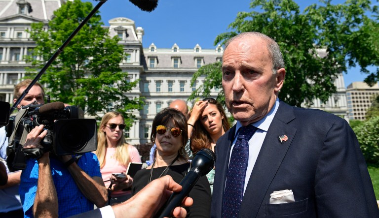 White House National Economic Council Director Larry Kudlow speaks to reporters at the White House in Washington, Monday, May 21, 2018. 