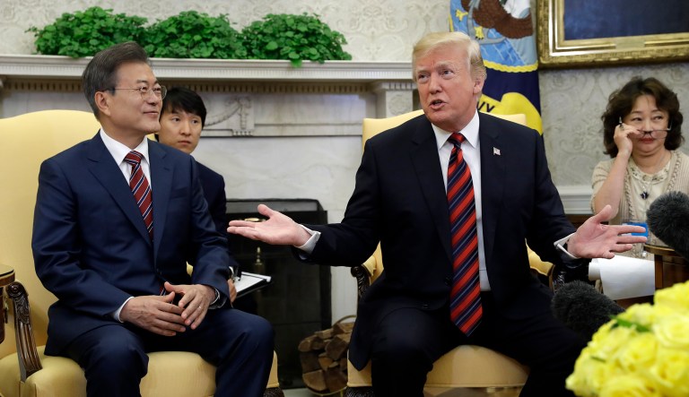 President Donald Trump meets with South Korean President Moon Jae-In in the Oval Office of the White House, Tuesday, May 22, 2018, in Washington.