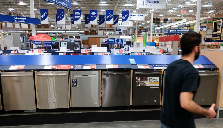 This May 21, 2018, photo shows a row of dishwashers for sale at Lowe's Home Improvement store in East Rutherford, N.J.