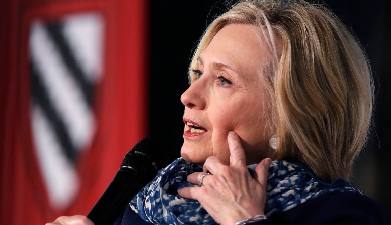 Hillary Clinton answers a question at Harvard University in Cambridge, Mass., Friday, May 25, 2018. Harvard University's Radcliffe Institute honored Clinton with the 2018 Radcliffe Medal. 