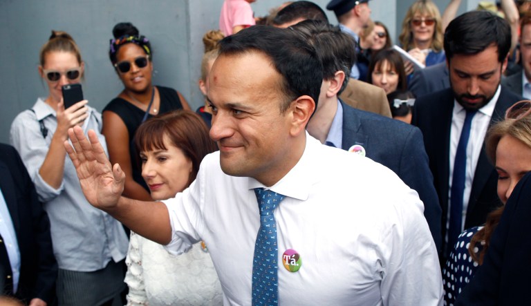 Ireland's Prime Minister Leo Varadkar, foreground, arrives at Dublin Castle for the results of the referendum on the 8th Amendment of the Irish Constitution in Dublin, Ireland on May 26. Abortion rights activists proclaimed victory for Irish women Saturday as referendum results indicated voters in largely Roman Catholic Ireland overwhelmingly backed repealing a 1983 constitutional ban on abortions.
