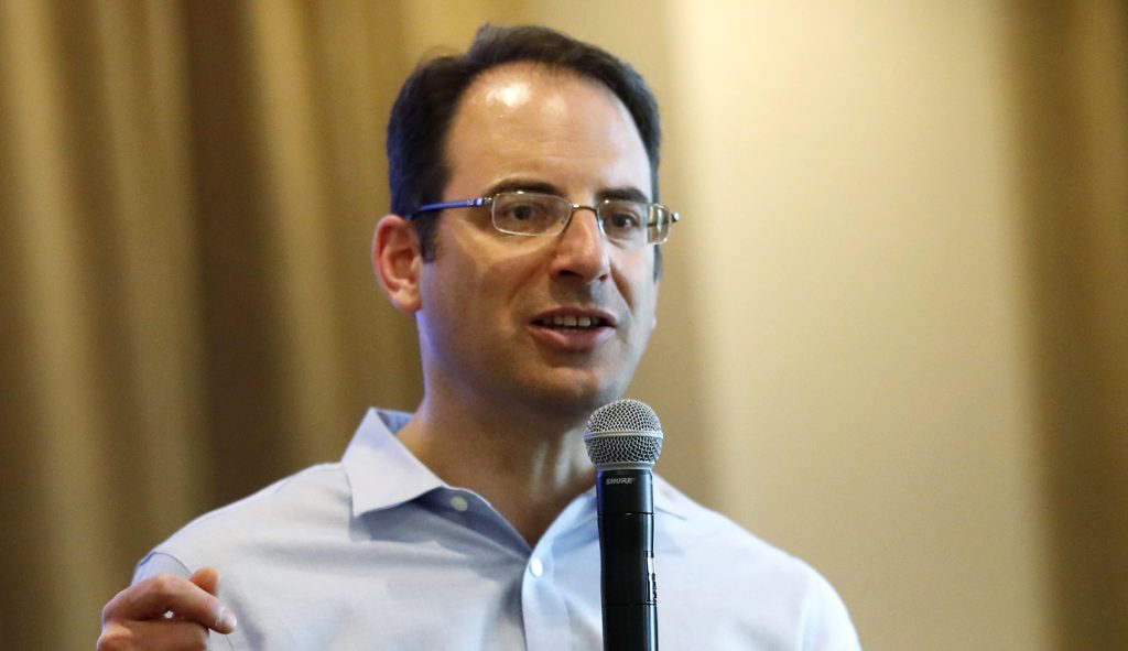 Democratic candidate for state attorney general Phil Weiser speaks during a campaign stop in Highlands Ranch, Colo.