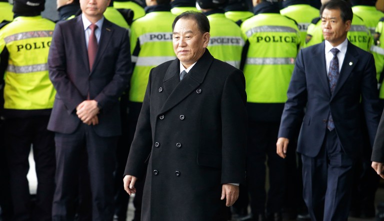 FILE - In this Feb. 27, 2018, file photo, Kim Yong Chol, center, a vice chairman of North Korea's ruling Workers' Party Central Committee, leaves to return to North Korea, at a hotel in Seoul, South Korea.