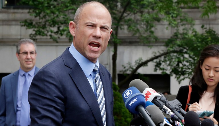Michael Avenatti, attorney for porn actress Stormy Daniels, talks to the media after a Federal Court hearing, in New York, Wednesday, May 30, 2018. The attorney for Michael Cohen, Stephen Ryan, blasted Avenatti during a court hearing about materials seized in an FBI raid of Cohen's home and office.