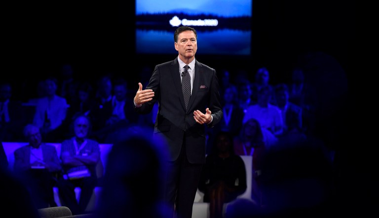 Former U.S. FBI director James Comey speaks during the Canada 2020 Conference in Ottawa, Canada on Tuesday, June 5, 2018. The event was organized by the Canada 2020 think-tank.