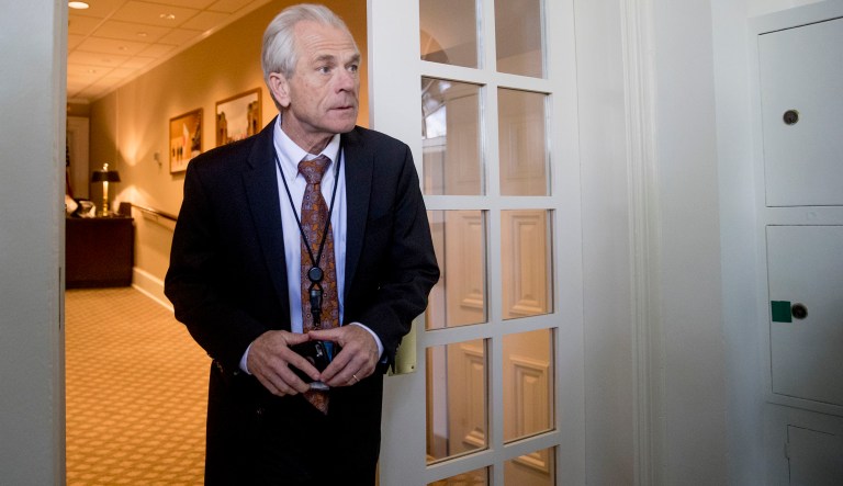 White House trade adviser Peter Navarro arrives for a news conference. 