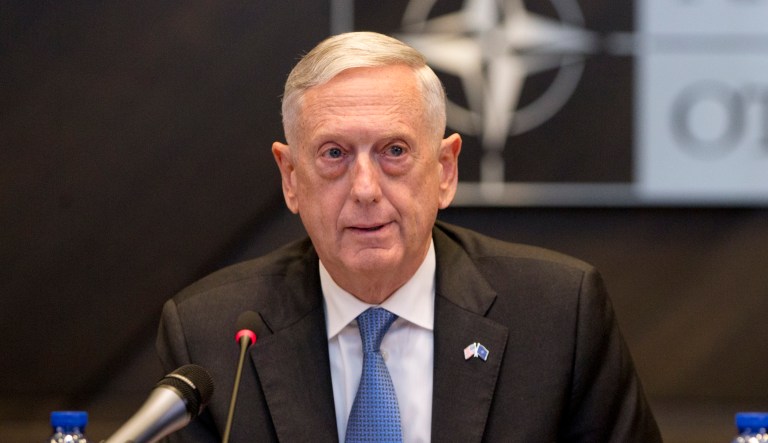 Defense Secretary Jim Mattis addresses a roundtable meeting of NATO ministers and partners to combat the Islamic State at NATO headquarters in Brussels on Friday.