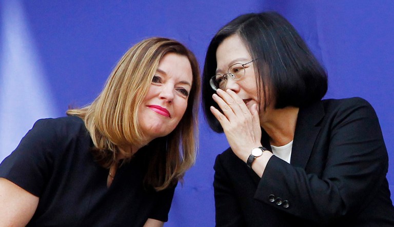 Taiwan's President Tsai Ing-wen speaks to U.S. Assistant Secretary of State for Education and Culture Affairs Marie Royce during the dedication ceremony of the American Institute in Taiwan's new office complex in Taipei, Taiwan, on June 12, 2018.