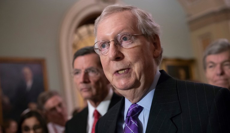 Senate Majority Leader Mitch McConnell, R-Ky., talks to reporters on Capitol Hill on June 19, 2018.