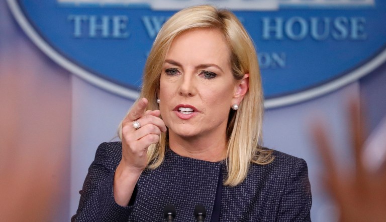 Homeland Security Secretary Kirstjen Nielsen speak to the media during the daily briefing in the Brady Press Briefing Room of the White House.