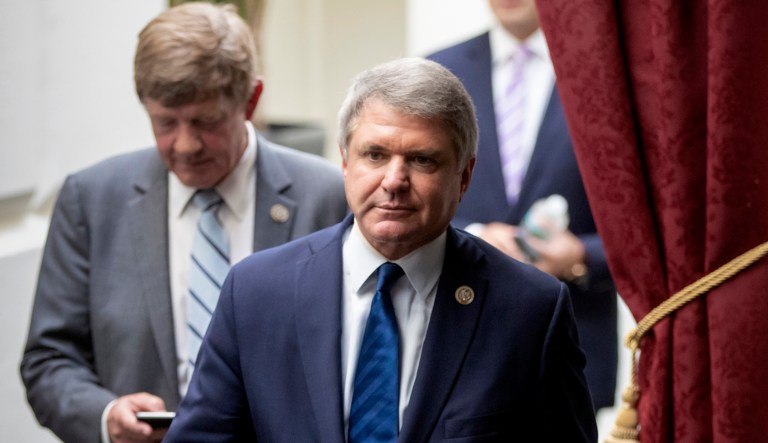 House Homeland Security Committee Chairman Mike McCaul, R-Texas, leaves a meeting of House Republicans and President Trump working on a GOP immigration bill at the Capitol in Washington.