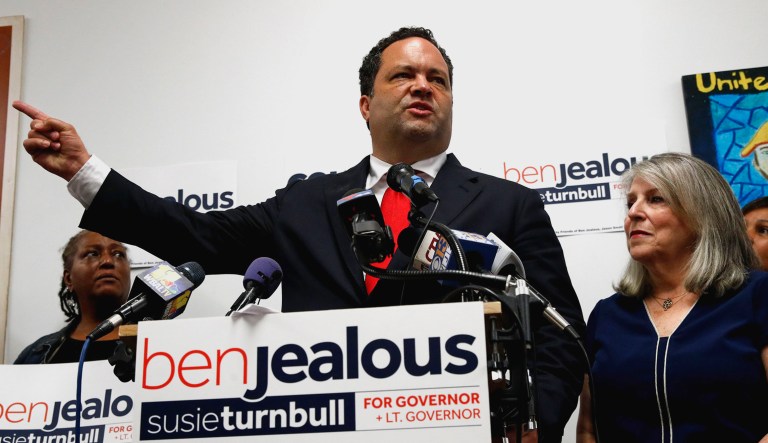Maryland Democratic gubernatorial candidate Ben Jealous speaks at a news conference alongside his running mate, Susie Turnbull (pictured right).