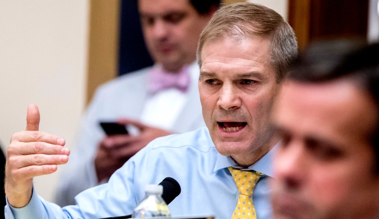 Rep. Jim Jordan, R-Ohio, questions Deputy Attorney General Rod Rosenstein as he and FBI Director Christopher Wray appear before a House Judiciary Committee hearing on Capitol Hill in Washington, Thursday, June 28, 2018.