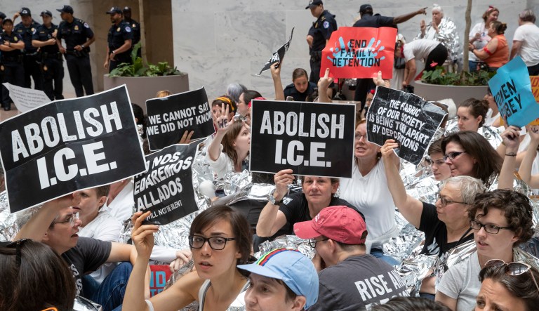 Hundreds of activists protest the Trump administration's approach to illegal border crossings and separation of children from immigrant parents.  