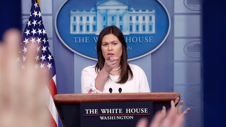 White House press secretary Sarah Sanders points to a reporter for a question during a press briefing at the White House, Monday, July 2, 2018, in Washington. (AP Photo/Alex Brandon)