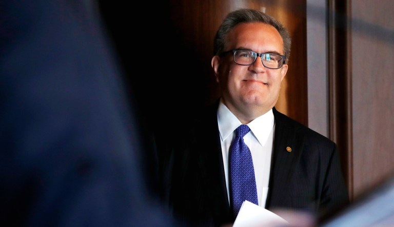 Environmental Protection Agency Acting Administrator Andrew Wheeler smiles as he is introduced to speak to EPA staff on Wednesday at EPA Headquarters in Washington.