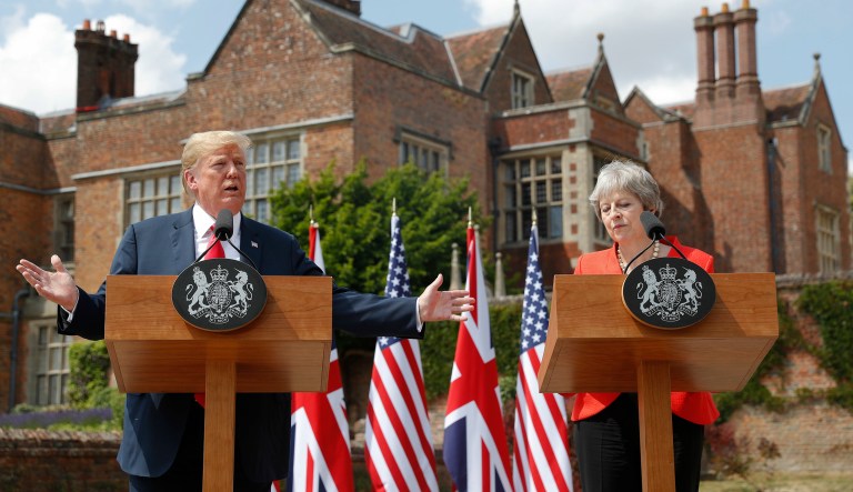 President Donald Trump gestures while speaking during a joint news conference with British Prime Minister Theresa May at Chequers, in Buckinghamshire, England, Friday, July 13, 2018.
