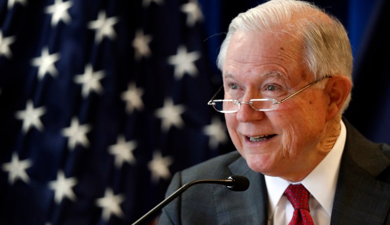 Attorney General Jeff Sessions delivers remarks on the opioid and fentanyl crisis, Friday, July 13, 2018, in Portland, Maine.