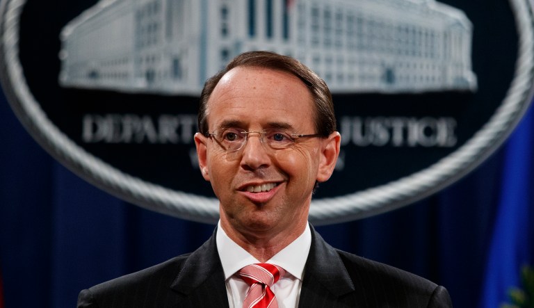Deputy Attorney General Rod Rosenstein speaks during a news conference at the Department of Justice on July 13, 2018, in Washington.