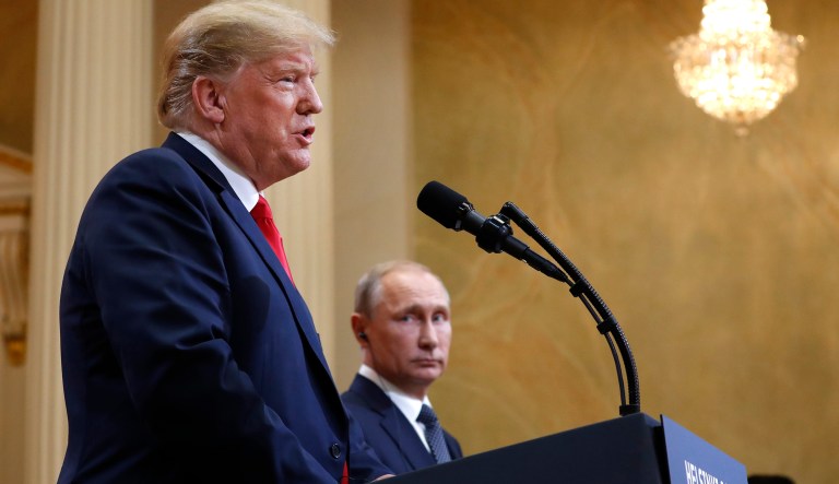 President Trump during a press conference after meeting with Russian President Vladimir Putin at the Presidential Palace in Helsinki, Finland, on July 16, 2018.