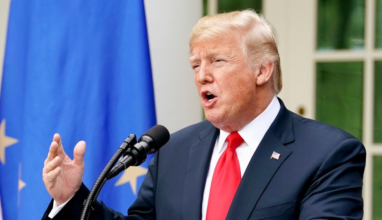 President Trump speaks near an EU flag at the White House.