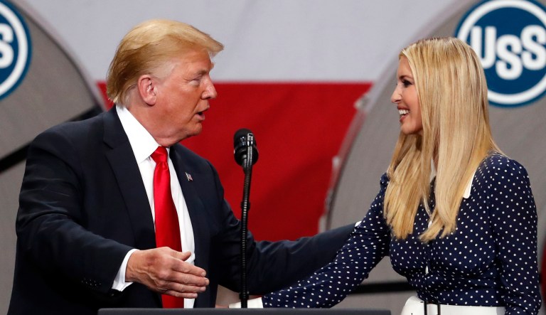 President Trump greets his daughter Ivanka Trump while speaking at the United States Steel Granite City Works plant, Thursday, July 26, 2018, in Granite City, Ill.