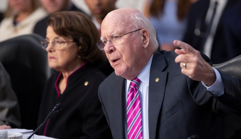 Sen. Patrick Leahy, D-Vt., questions witnesses as the Senate Judiciary Committee holds a hearing on the Trump administration's policies on immigration enforcement and family reunification efforts, on Capitol Hill. 