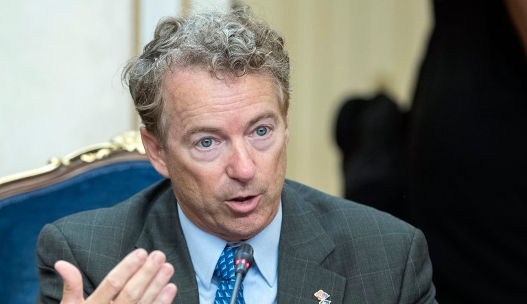 Sen. Rand Paul speaks during his meeting with Russian lawmakers in Moscow.