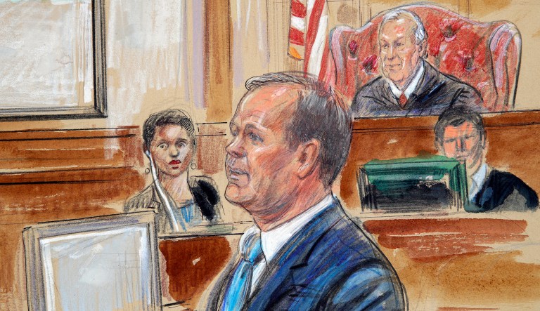 A courtroom sketch depicts Rick Gates testifying in the bank fraud and tax evasion trial of Paul Manafort at federal court in Alexandria, Va., on Aug. 7, 2018.