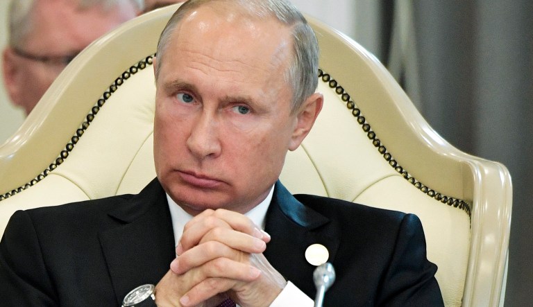 Russian President Vladimir Putin, attends a meeting during the 5th Caspian summit in Aktau, the Caspian Sea port in Kazakhstan, Sunday, Aug. 12, 2018.