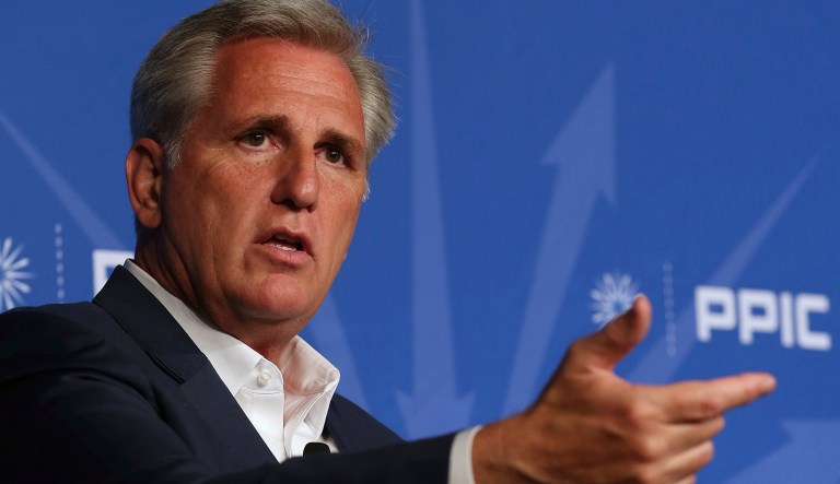 Rep. Kevin McCarthy, R-Calif., answers a question during his appearance with the Public Policy Institute of California, Wednesday, Aug. 15, 2018, in Sacramento, Calif. McCarthy blasted his home state of California as out of touch, hitting its leaders for increasing the gas tax while defending the Trump administration's policies on taxes and tariffs.