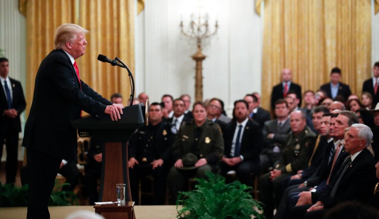 President Donald Trump speaks during an event to salute U.S. Immigration and Customs Enforcement (ICE) officers and U.S. Customs and Border Protection (CBP) agents in the East Room of the White House in Washington, Monday, Aug. 20, 2018.