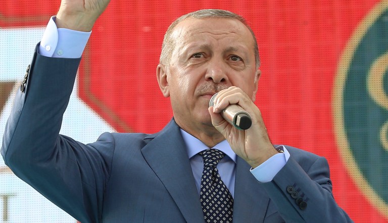 Turkey's President Recep Tayyip Erdogan delivers a speech during a ceremony to mark the anniversary of the Battle of Manzikert in eastern Mus province, eastern Turkey, Sunday, Aug. 26, 2018. Turkish Seljuks beat the Byzantine forces at the Battle of Manzikert (now Malazgirt, Turkey) in 1071, gaining entry into Anatolia and opening the road to Europe.
