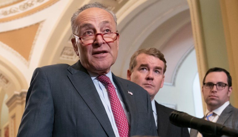 Senate Minority Leader Chuck Schumer, D-N.Y., speaks with reporters following a weekly policy meeting at the Capitol in Washington, Tuesday, Aug. 28, 2018.